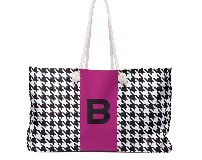 Houndstooth Black, White and Magenta, with Black B Initialized Detail Womens Weekender Tote Bag, Personalized Bag, Initialized Handbag