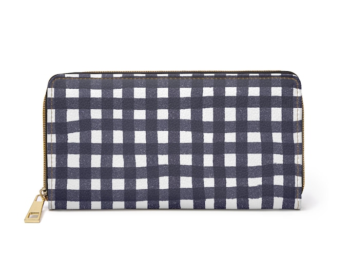 Charcoal and White Gingham Zipper Wallet | Check Plaid Pattern