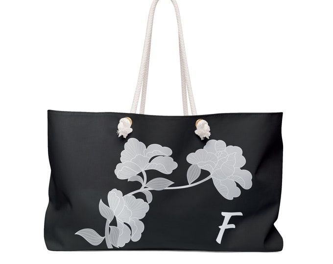 Black & White Floral Tote Bag, Personalized Weekender with Initial F, Oversized Beach Bag, Gift for Her, Travel Tote