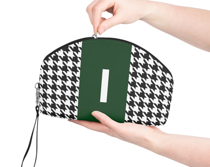 Forrest Green, Black, and White Houndstooth patterned Makeup Bag, Personalized with Initial I, Her Makeup bag, Initialized