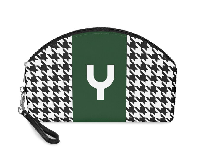 Forrest Green, Black, and White Houndstooth patterned Makeup Bag, Personalized with Initial Y, Her Makeup bag, Initialized