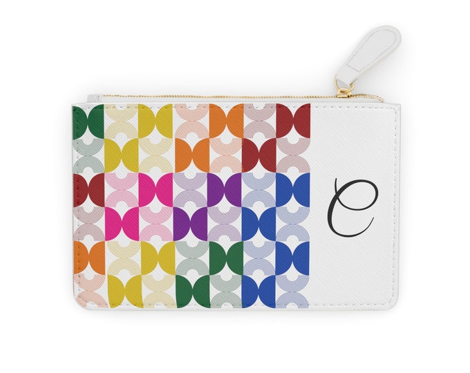 Personalized Womens Card Holder, Rainbow Mid Century Modern, White with Initial C, Mini Clutch Wallet
