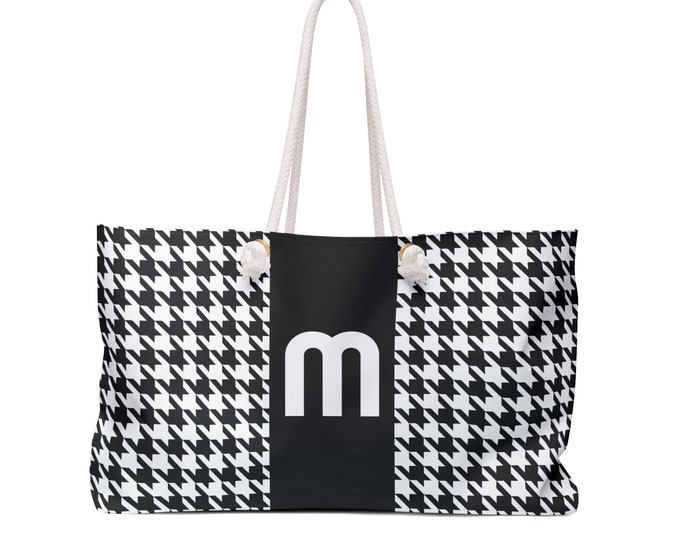 Black, and White with Black M Bag, Initialized Detail Womens Weekender Tote Bag, Personalized Bag, Initialized Handbag