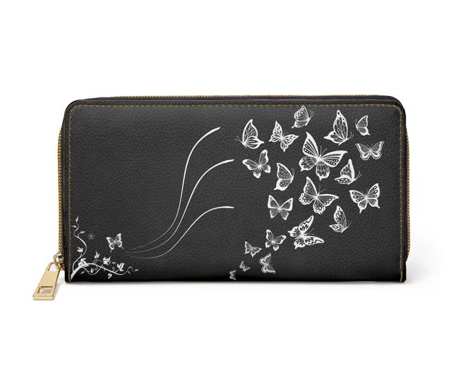 White Chalk Butterfly Swarm Zipper Wallet | Black Leather Effect Wallet