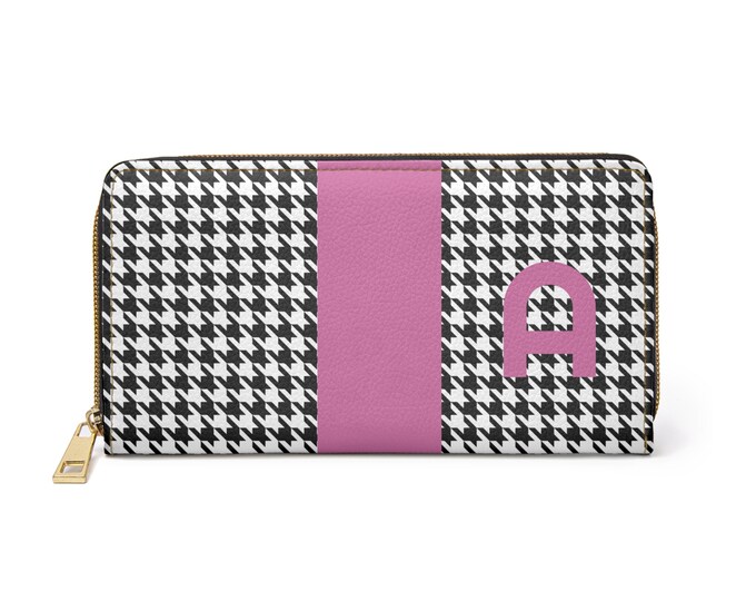 Houndstooth Black and White with Pink A Initialized Detail Womens Zippered Wallet, Personalized Wallet, Initialized, Womens Wallet
