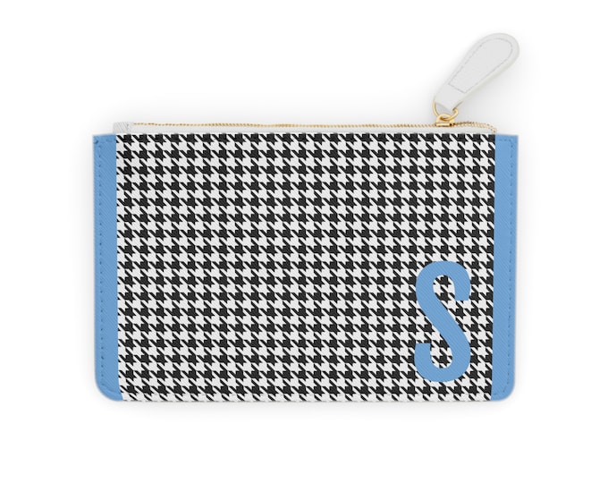 Mini Clutch Card Holder, Light Blue Initial with S Black and White Design, Personalized Card Holder