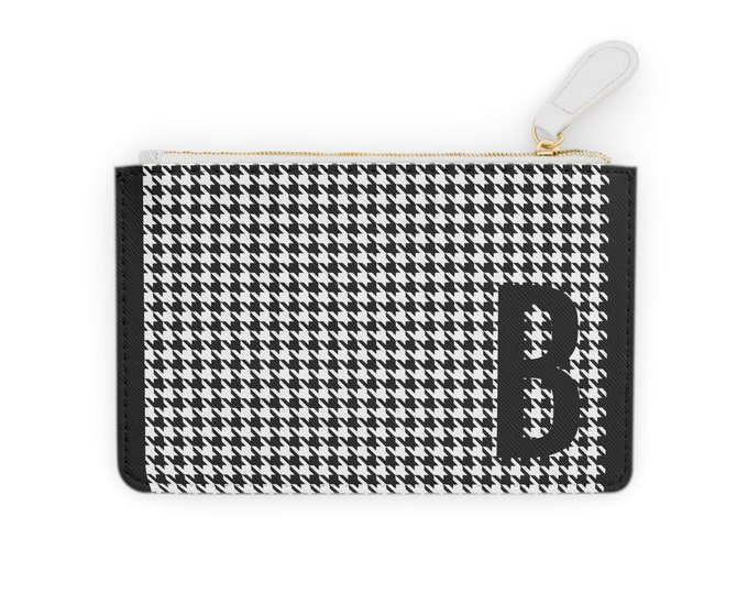 Houndstooth Black Mini Clutch – Personalized with Initial B | Vegan Leather Zippered Card Holder | Gift for Her | Stylish Mini Wallet