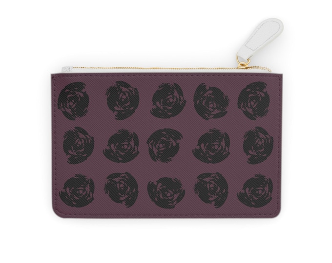 Black Rose Pattern Mini Clutch Wallet | Burgundy Floral Zipper Pouch