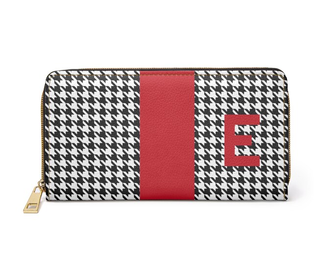 Houndstooth Black and White with Red E Initialized Detail Womens Zippered Wallet