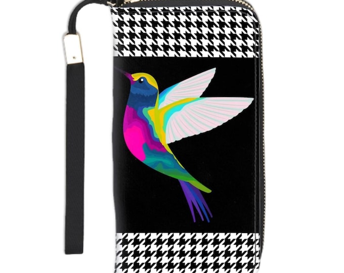gifts for momHummingbird and Houndstooth Pattern Black and White Clutch Wallet