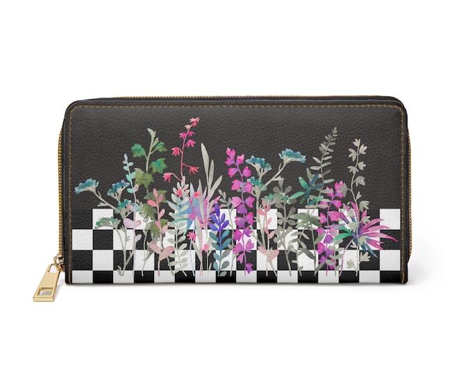 Wildflower Checkerboard Wallet – Buffalo Gray Faux Leather Zip Wallet with Colorful Botanical Print | Iron Woman 80