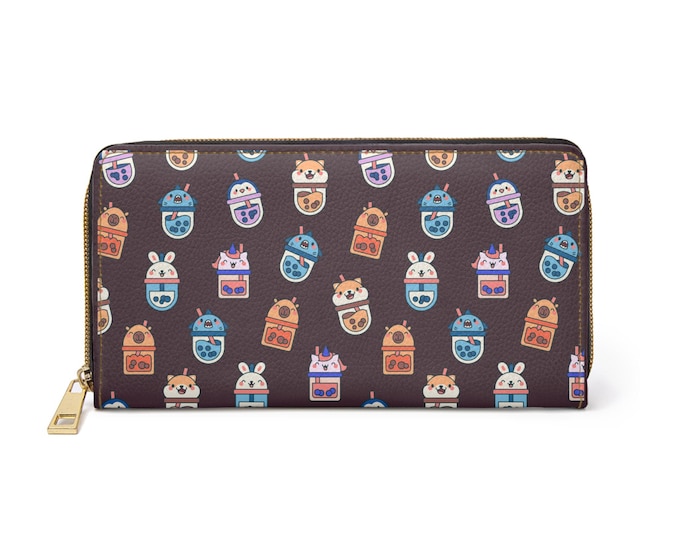 Hamster & Bunny Pattern Zipper Wallet | Brown Cute Animal Print