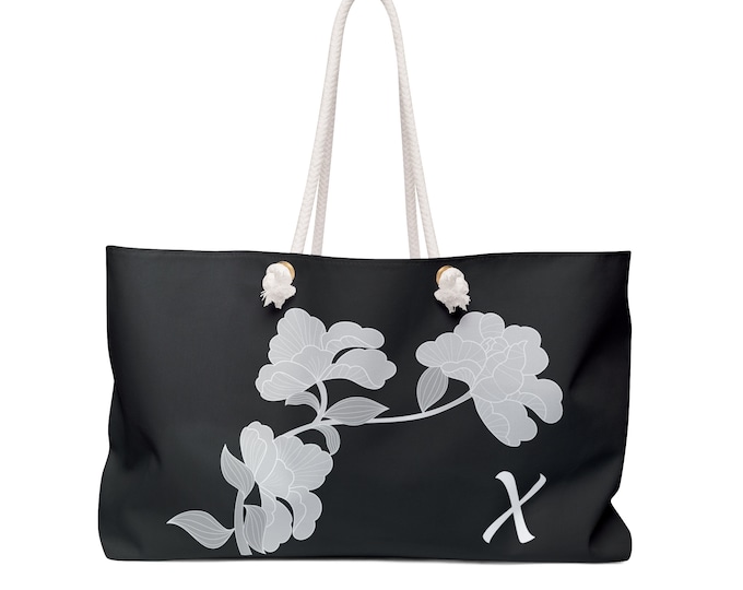 Black and White Womens Floral Tote, Personalized with Initial X, Weekender Bag