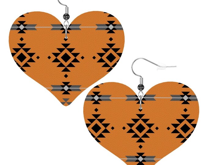 Heart Shape Leather Earrings Native Pattern in Tangerine