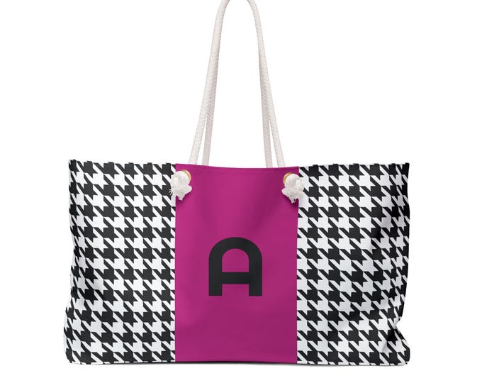 Houndstooth Black, White and Magenta, with Black A Initialized Detail Womens Weekender Tote Bag, Personalized Bag, Initialized Handbag