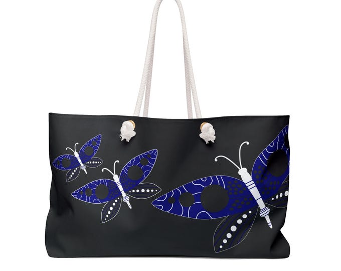 Blue Butterfly Print Weekender Bag | Navy Floral Wings Travel Tote Bag