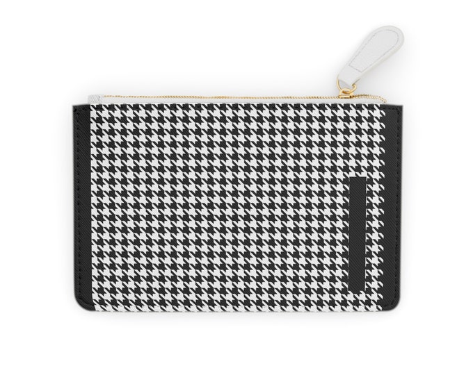 Houndstooth Black Detail Initialized, I Initial, Personalized Mini Clutch Bag, Womens Zippered Card Holder