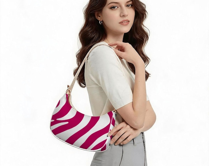 Fuschia White Zebra Print PU Leather Crescent Bag