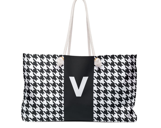 Black, and White with Black V Bag, Initialized Detail Womens Weekender Tote Bag, Personalized Bag, Initialized Handbag