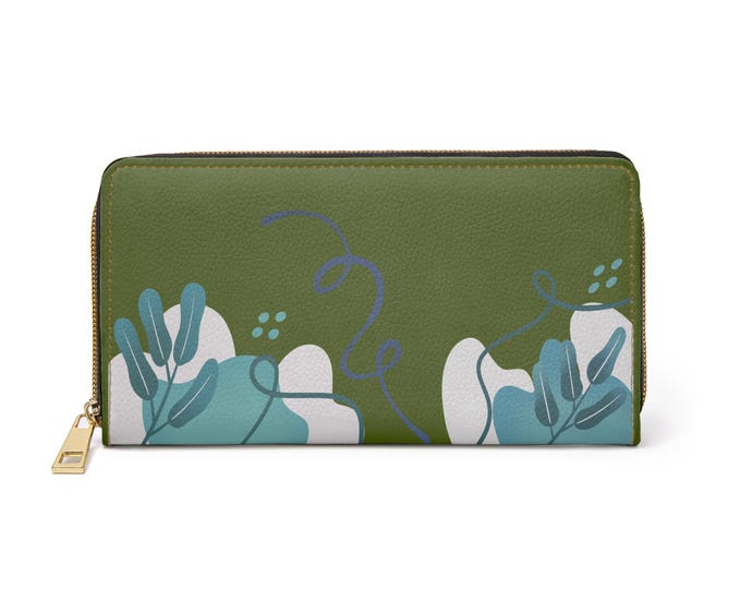 Warrior Green Abstract Floral Zipper Wallet | Botanical Line Art Wallet
