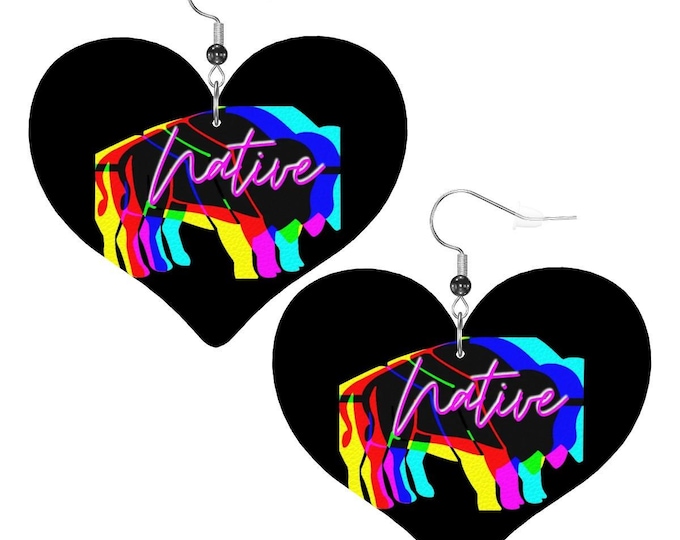 Native Rainbow Bison Earrings, Innií Heart-Shaped Leather Dangle, 925 Silver Plated Hooks, Lightweight Statement Jewelry, Native Woman-Owned