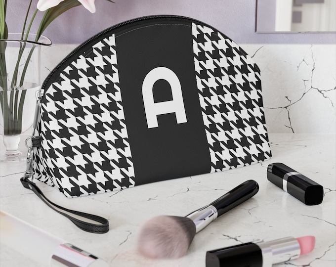 Black, and White Houndstooth patterned Makeup Bag, Personalized with Initial A