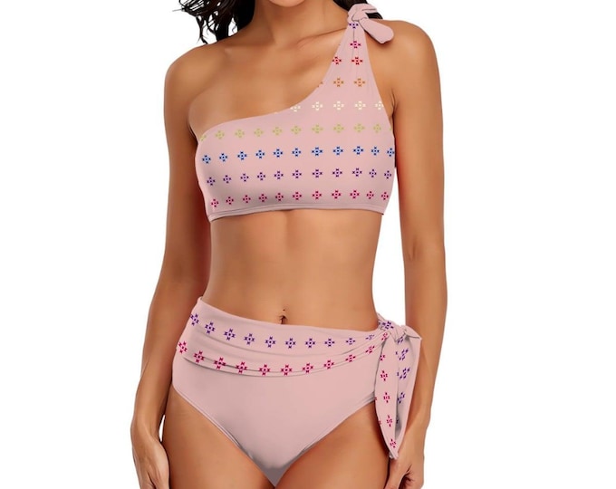 Native Rainbow Stars Pattern One-Shoulder Tie High-Waisted Bubble Gum Pink Bikini
