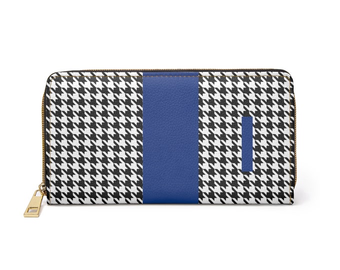 Houndstooth Black and White, with Red I Initialized Detail Womens Zippered Wallet, Personalized Wallet, Womens Wallet