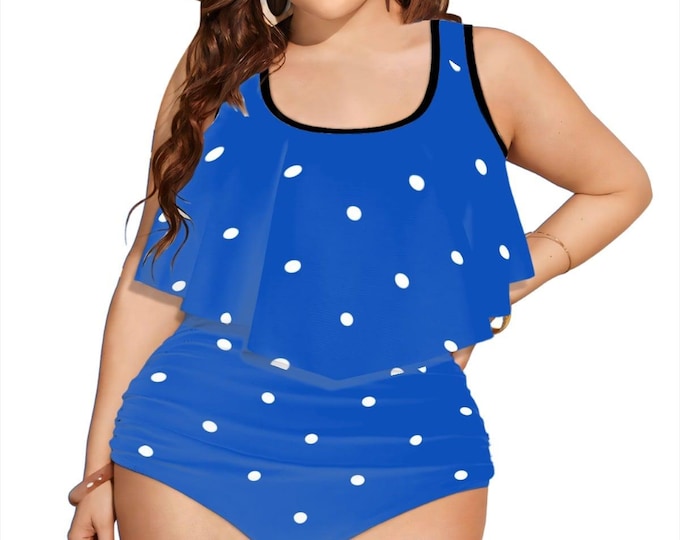 Cobalt Polka Dots Plus Size Ruffle Two Piece Swimsuit