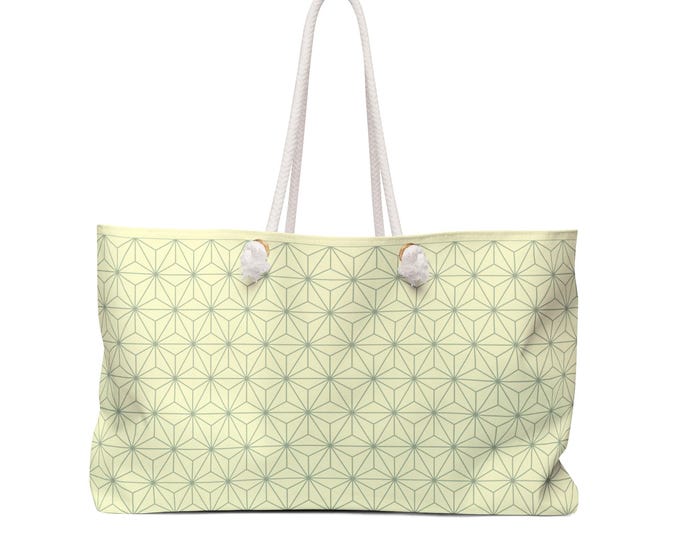 Geometric AsanohaPattern Tote Bag | Cream and Sage Rope Handle