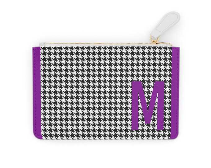 Houndstooth Purple Detail Initialized, M Initial, Personalized Mini Clutch Bag, Womens Zippered Card Holder