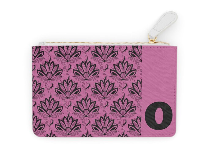 Initial O Pink & Black Succulent Mini Clutch – Personalized Vegan Card Holder, Small Wallet for Women, Stylish Travel Pouch