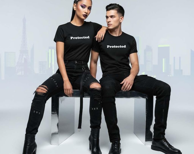 Protected T-Shirt | Minimal Text Tee, Bold White Font on Black