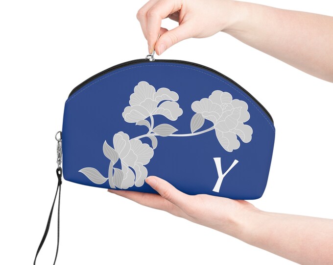 White and Blue Womens Floral Makeup Bag, Personalized with your Initial, Zippered Cosmetic Bag, Initial Y