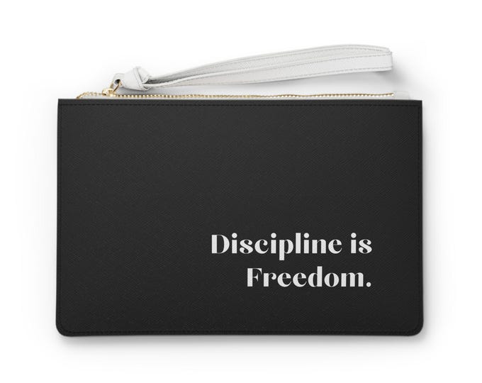 Discipline is Freedom Clutch Bag | Motivational Text Wristlet, Black Minimalist Pouch