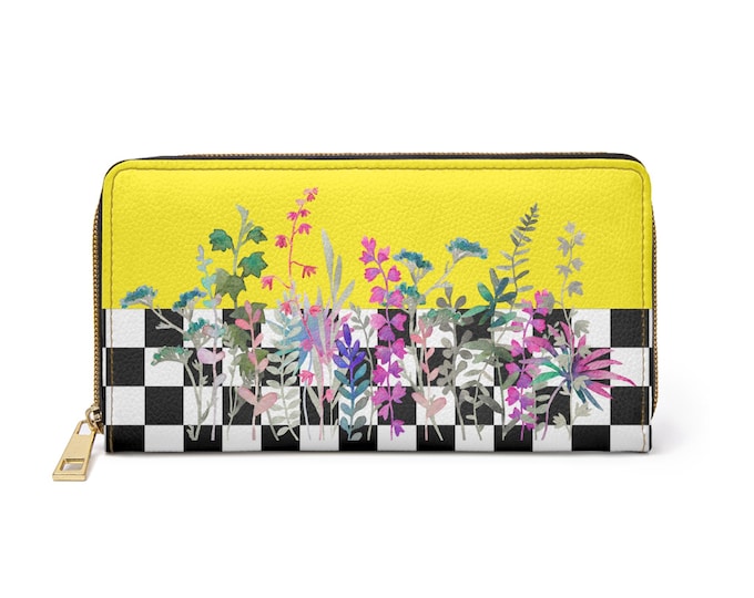 Flowers and Checkers Canary Yellow Zipper Wallet