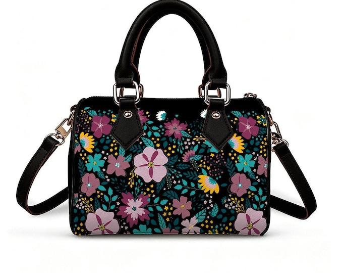 Dark Floral Pattern Black Barrel Crossbody Handbag Small