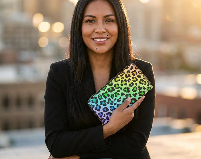 Rainbow Leopard Print Zipper Wallet | Neon Animal Print PU Leather Organizer
