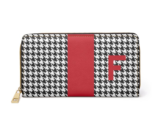 Houndstooth Black and White with Red F Initialized Detail Womens Zippered Wallet