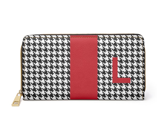 Houndstooth Black and White with Red L Initialized Detail Womens Zippered Wallet