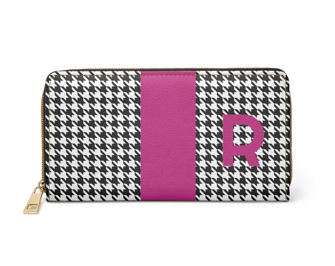 Houndstooth Black and White with Magenta R Initialized Detail Womens Zippered Wallet, Personalized Wallet, Initialized, Womens Wallet