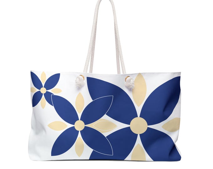 Navy Gold Floral Pattern Weekender Bag |White Large Beach Tote