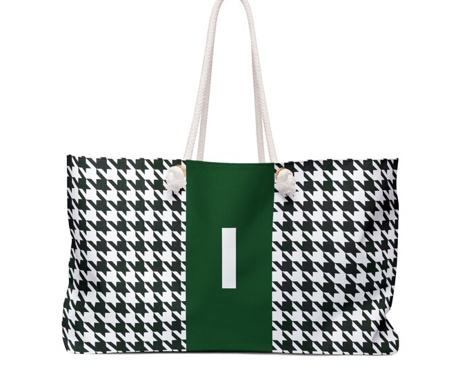Houndstooth Black White & Forest Green Weekender Tote Bag – Personalized Women’s Oversized Travel Handbag with Initial I