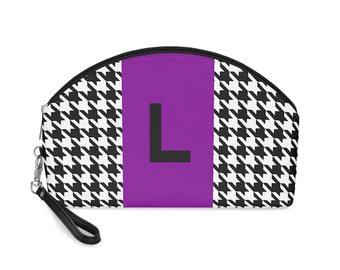 Houndstooth Makeup Bag: Purple, Black & White, Initial L