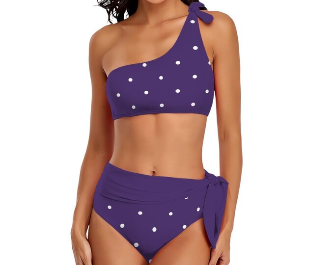 Purple Polka Dot One-Shoulder Tie High-Waisted Bikini Customized Services