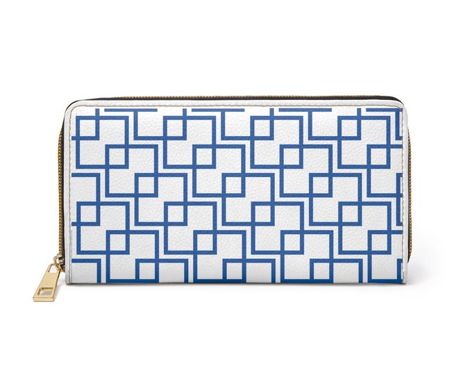 Blue Geometric Interlocking Squares Zipper Wallet | Modern Pattern