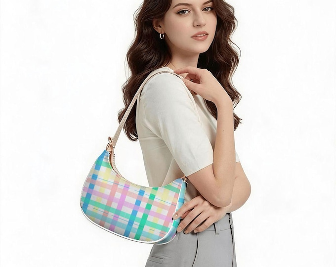 Pastel Plaid PU Leather Crescent Shoulder Bag