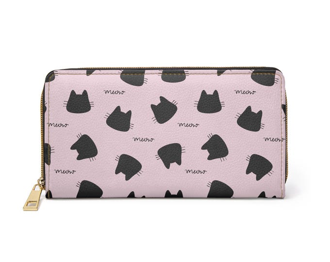 Black Cat Heads Meow pattern Zipper Wallet | Pink cat face design
