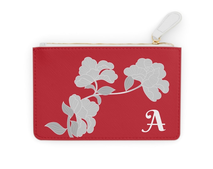 Tomato White Floral Small Wallet, Personalized with your Initial, Zippered Cardholder, Mini Clutch Bag