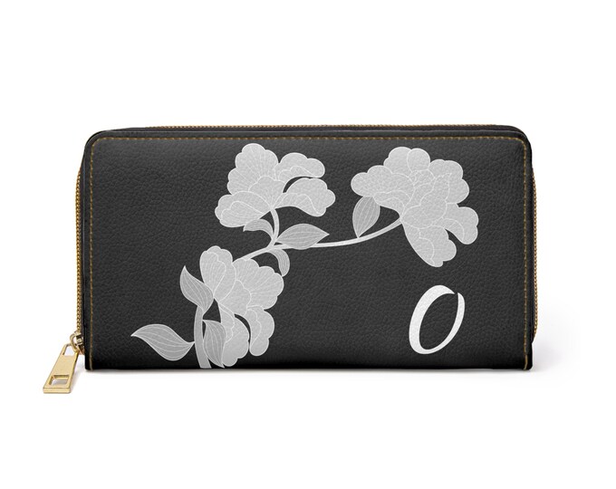 Black and White Womens Floral Wallet, Personalized with  Initial O, Zippered